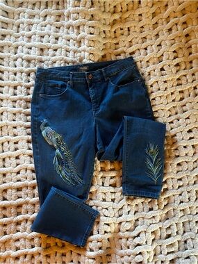 Martha Stewart Dark Blue Skinny Jeans with Peacock Embroidery